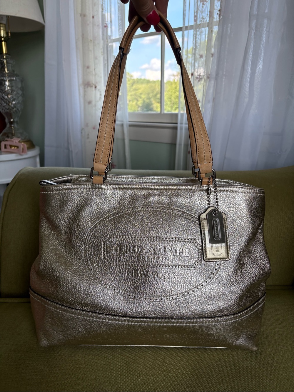 Coach Metallic Silver Leather Shoulder Tote with Tan Handles